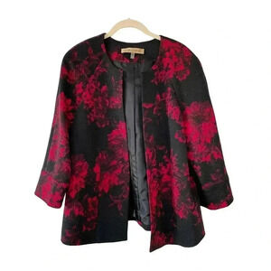 Nipon Boutique Red Black Floral Blazer Jacket Size 8 Long Sleeves Office Classic